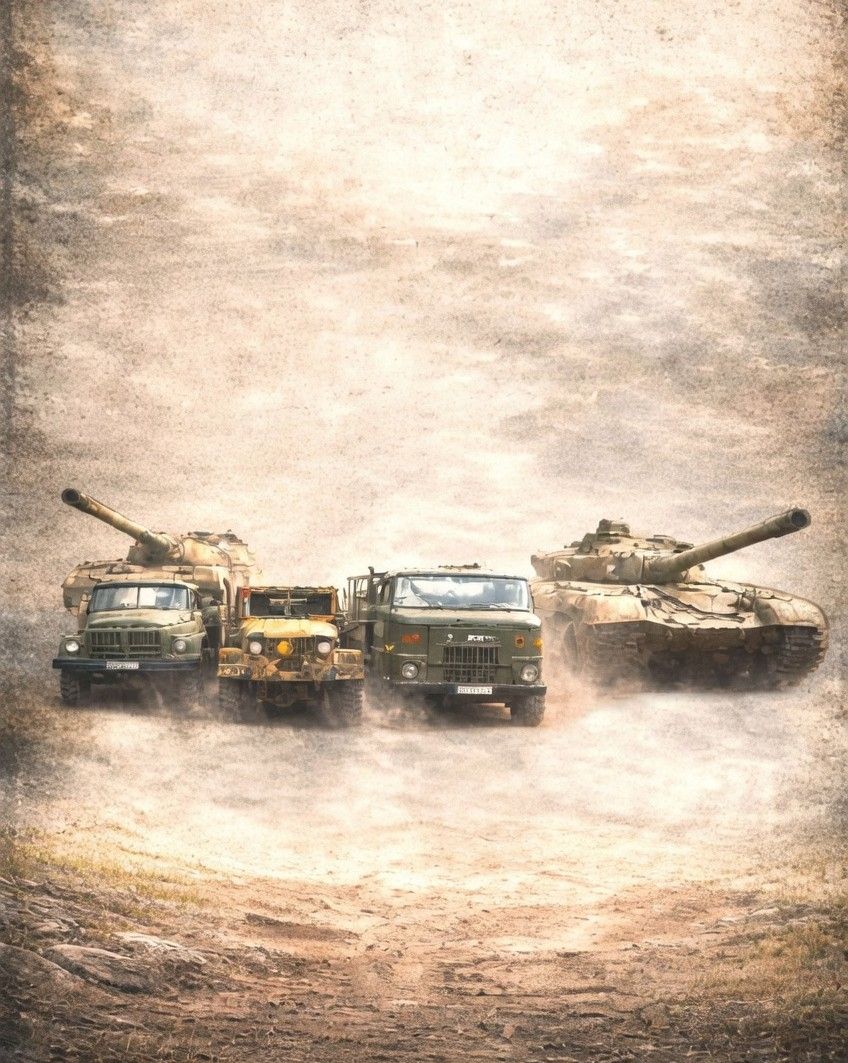 Pojazdy wojskowe transportowe i bojowe.