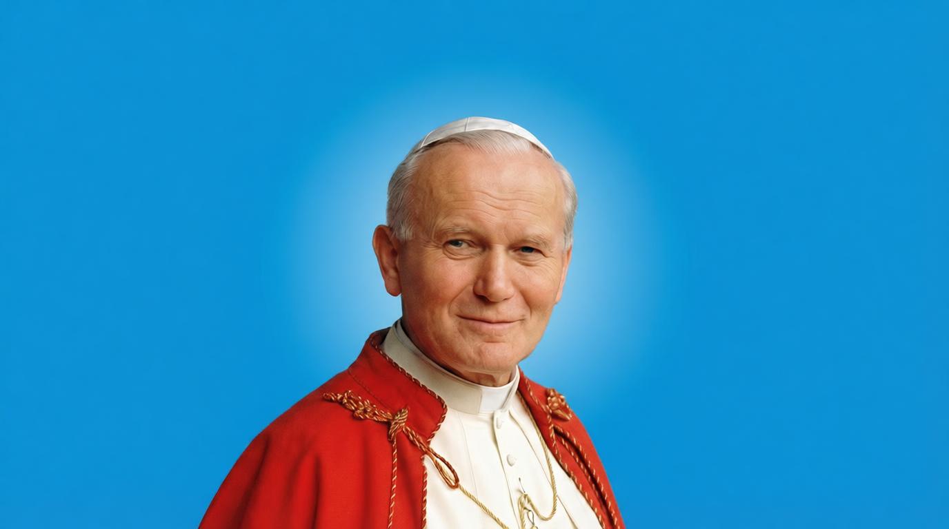 Portret uśmiechniętego papieża Jana Pawła II.