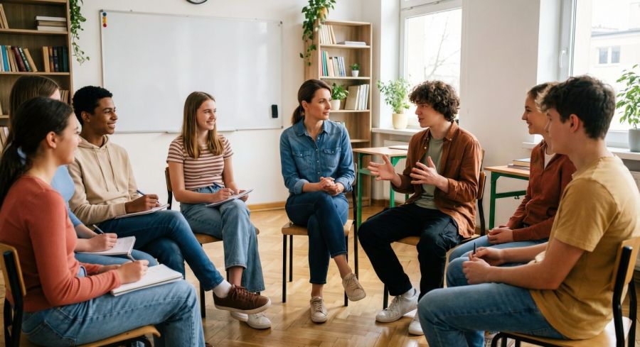 Młodzież siedzi w kręgu w klasie z nauczycielką. 