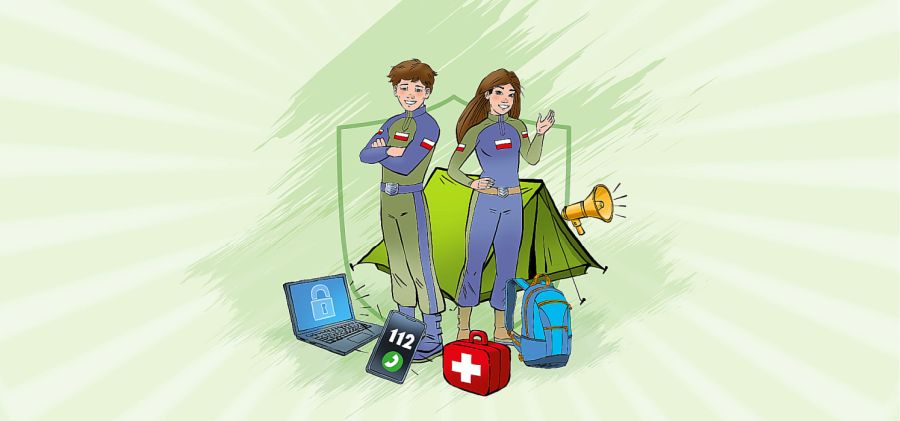 Dziewczyna i chłopak przed namiotem oraz apteczka, plecak bezpieczeństwa, smartfon wyświetla nr 112.
