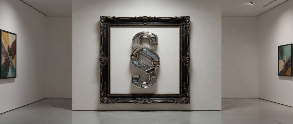 Znak paragrafu jako dzieło sztuki w ozdobnych ramach wystawione w galerii.