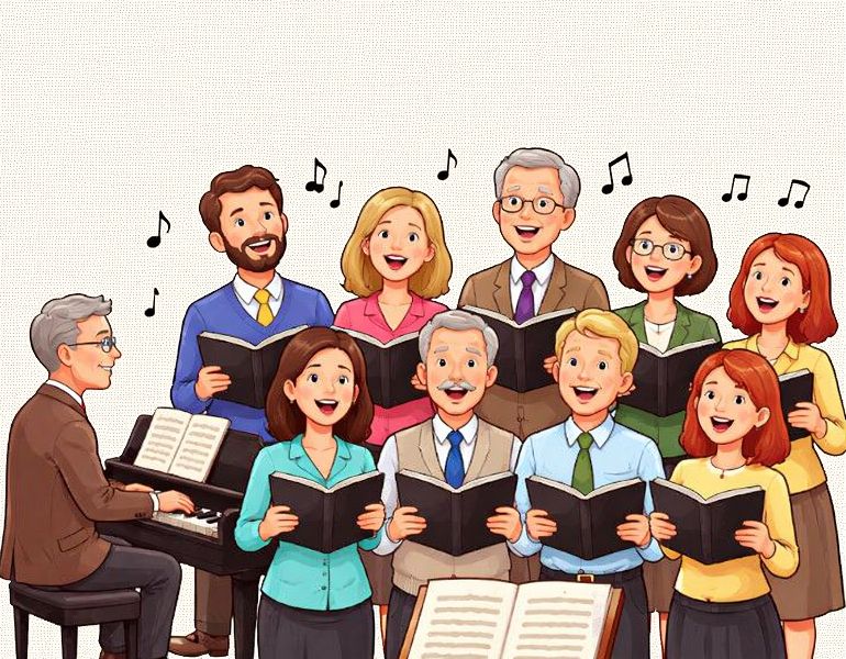 Chór dorosłych osób śpiewających przy akompaniamencie pianisty.