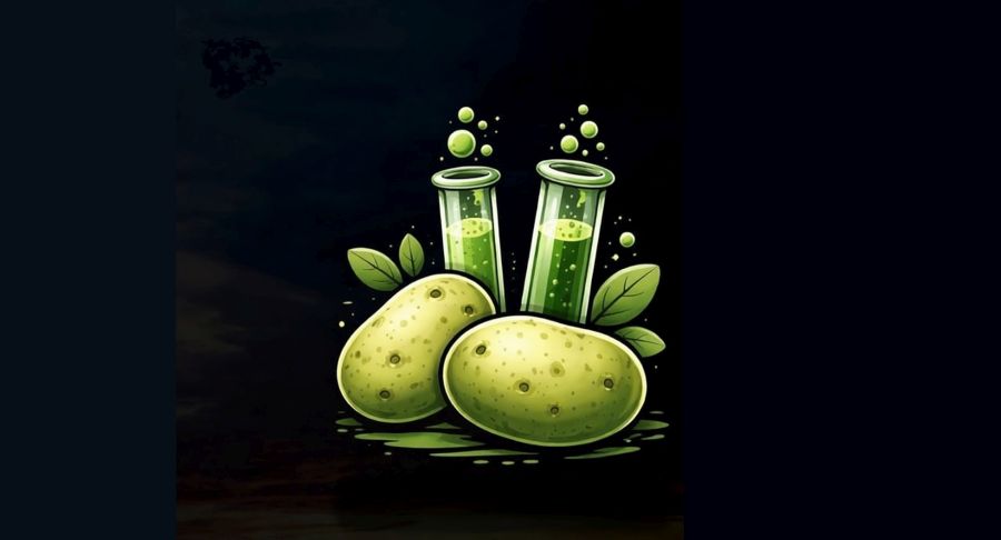 Probówki z bulgoczącym płynem i ziemniaki.