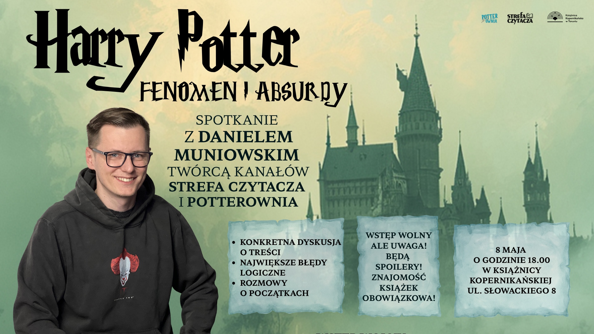 Młody, uśmiechnięty mężczyzna w okularach, obok zamek Hogwart oraz informacje o wydarzeniu.