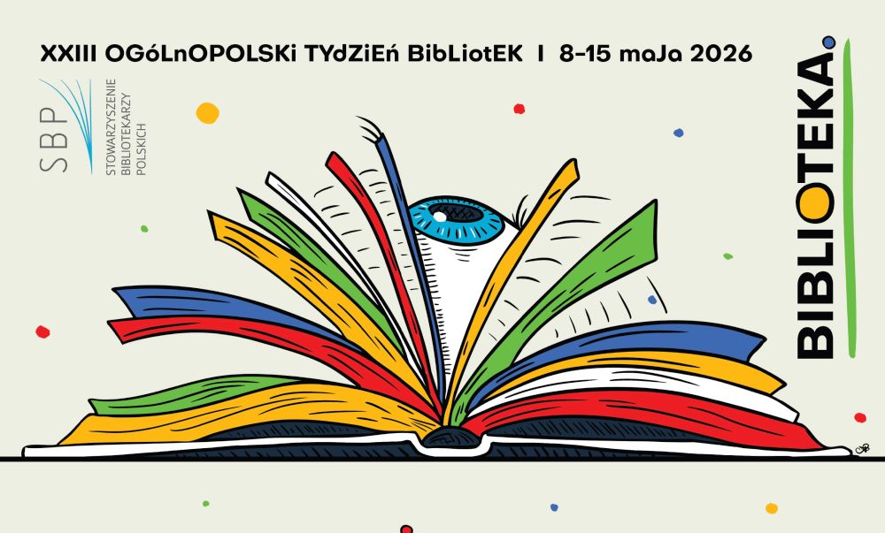 Rysunek oka, które jest otwarte jak karty książki, logo SBP oraz napis XXIII Ogólnopolski Tydzień Bibliotek.