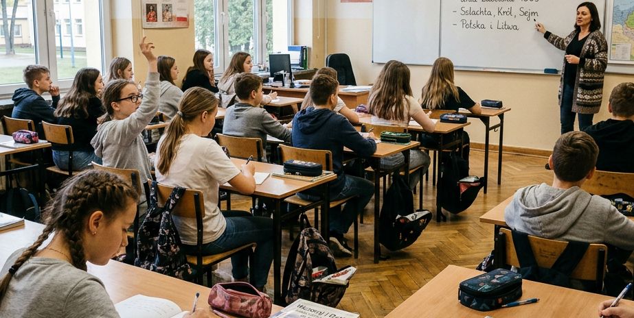 Uczniowie i nauczycielka w klasie.