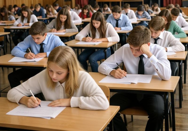 Uczniowie na egzaminie pisemnym w dużej sali.