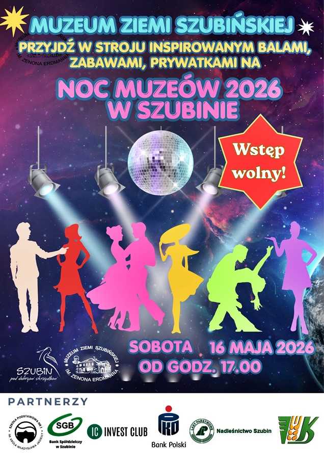 Plakat, na którym są kolorowe pary tańczące oraz informacje o wydarzeniu.