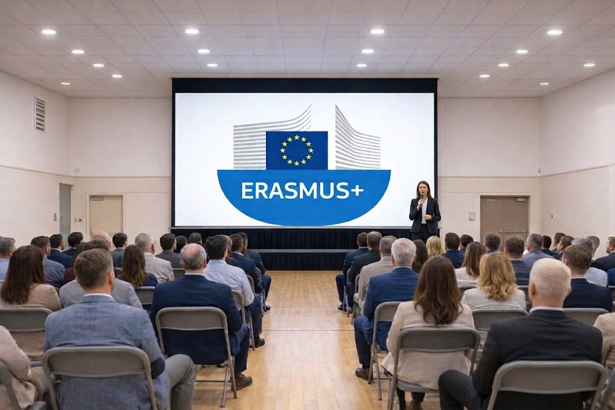 Prelegentka z mikrofonem przed dużym ekranem z logo Erasmus+ oraz słuchacze siedzący w sali. 