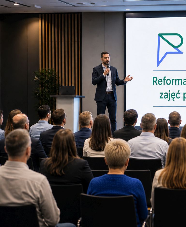 Prelegent z mikrofonem i uczestnicy konferencji.
