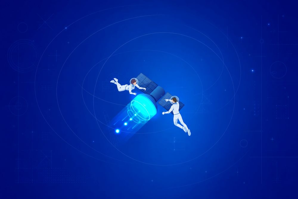 Astronauci na spacerze kosmicznym i sztuczny satelita.
