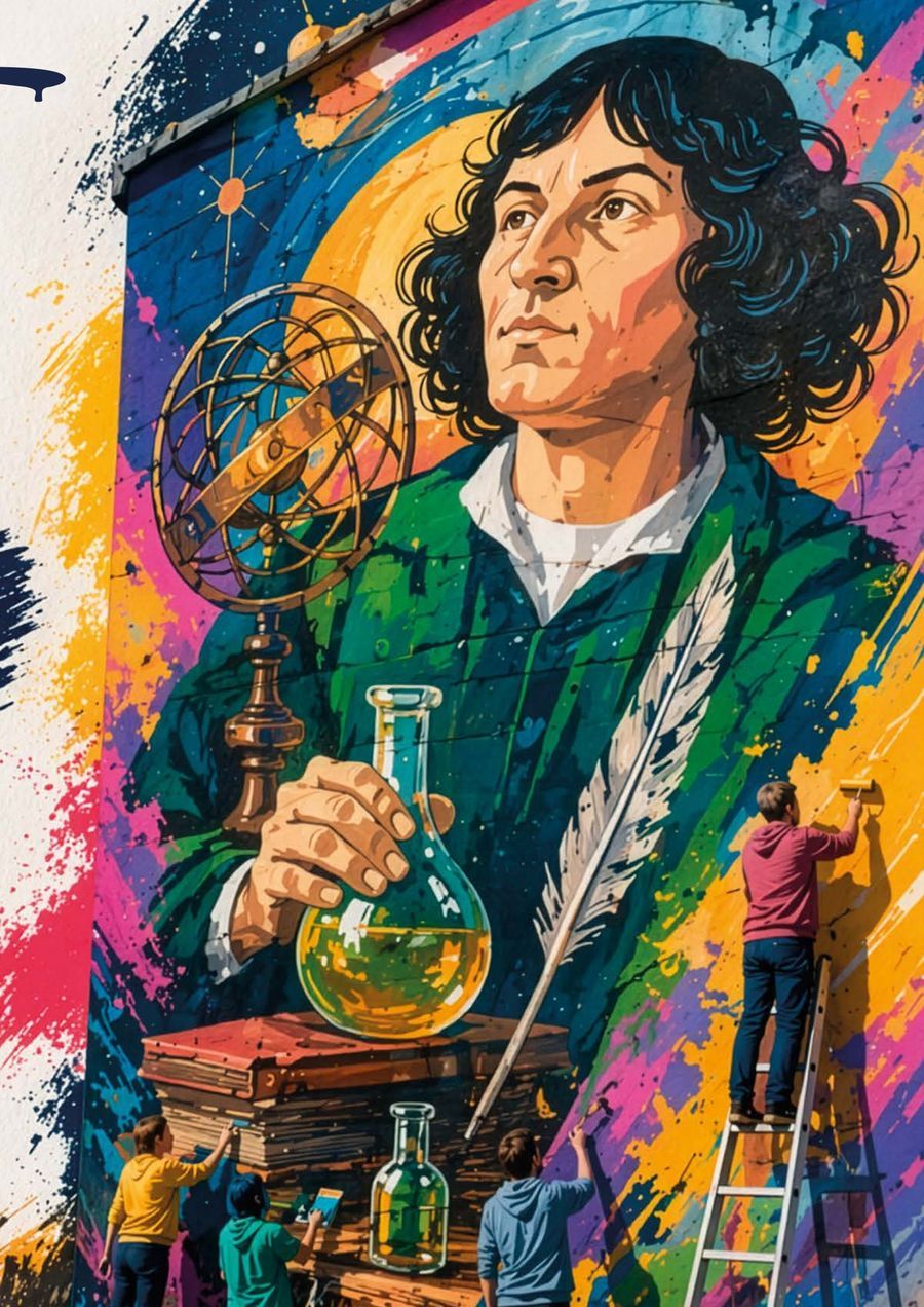 Młodzi artyści malują mural, którego bohaterem jest Mikołaj Kopernik.
