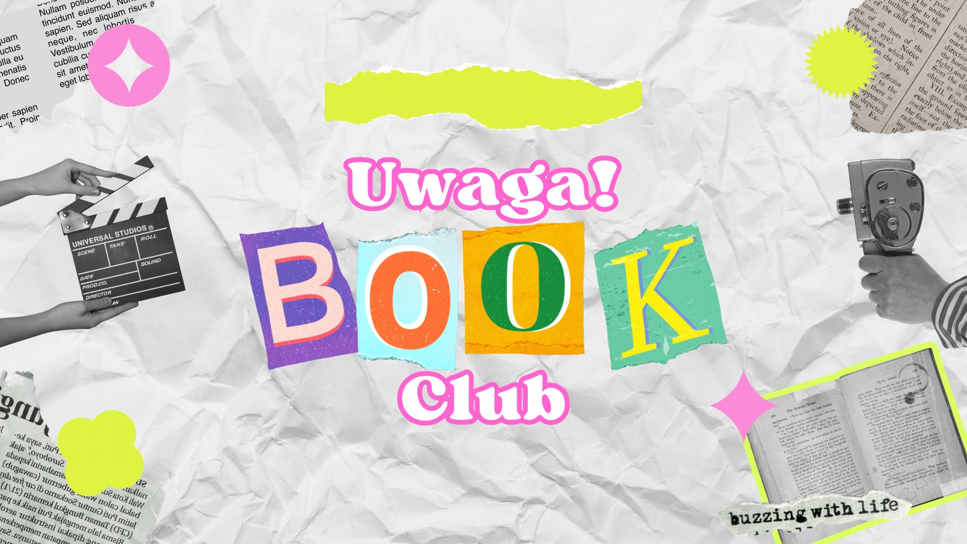 Kolorowa grafika Uwaga BookClub napisana różnymi czcionkami i kolorami na gniecionym papierze.