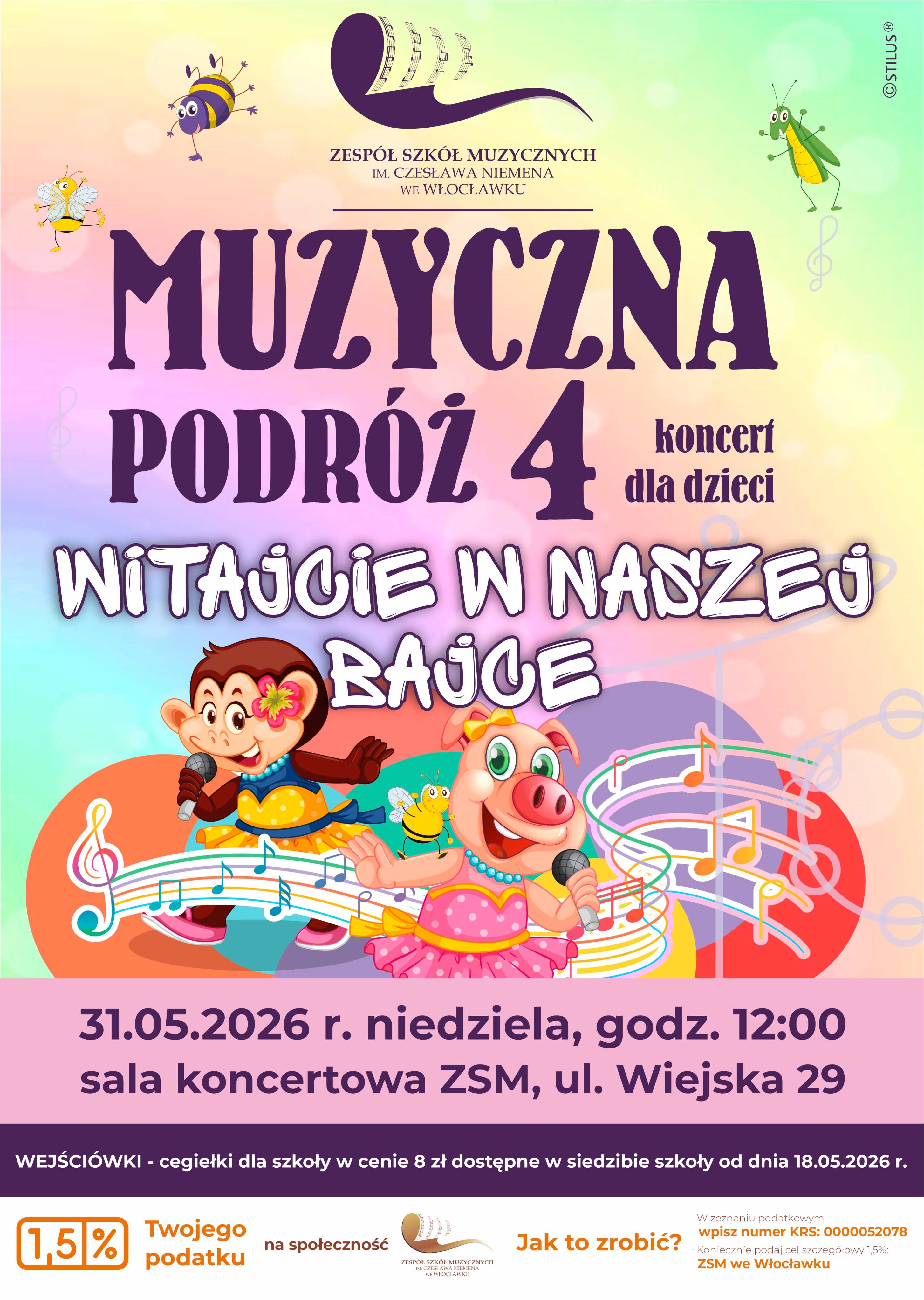 Kolorowy plakat ze śpiewającymi: małpką i świnką, kolorową pięciolinią oraz informacjami o wydarzeniu.