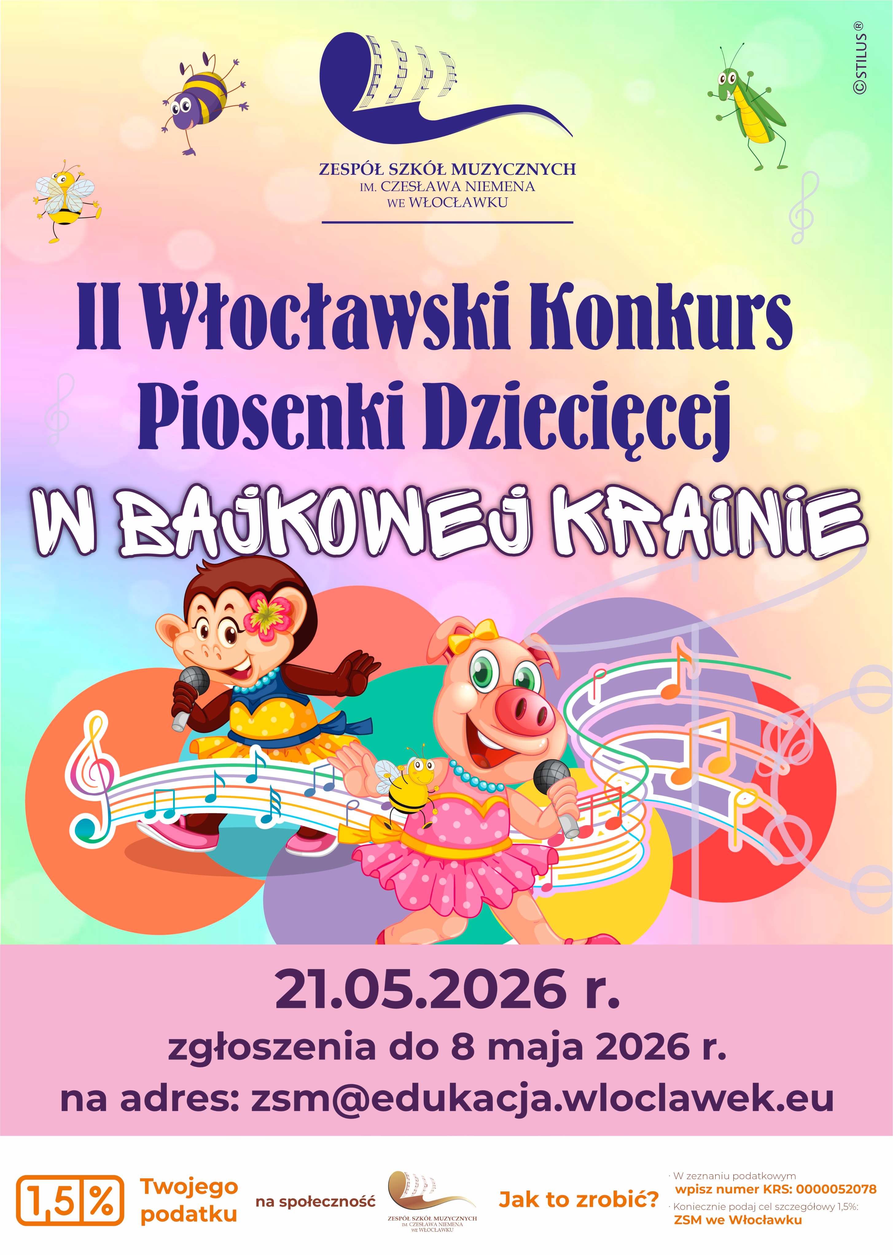 Kolorowy plakat ze śpiewającymi: małpką i świnką, barwną pięciolinią i informacjami o konkursie.