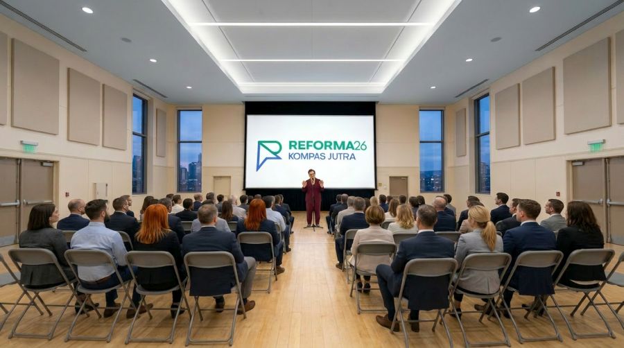 Prelegentka stoi przed mikrofonem i mówi do słuchaczy siedzących na sali. Na dużym ekranie logo Reforma26 Kompas Jutra.