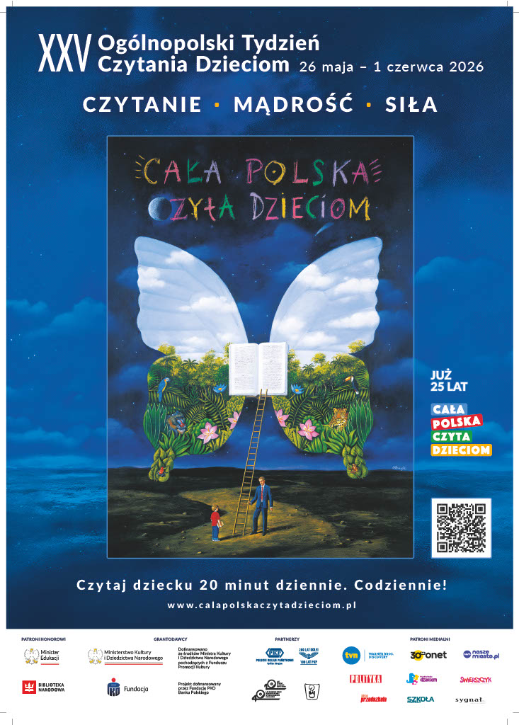 Na środku plakatu motyl, w nim otwarta książka, napis Cała Polska Czyta Dzieciom oraz informacje o wydarzeniu.