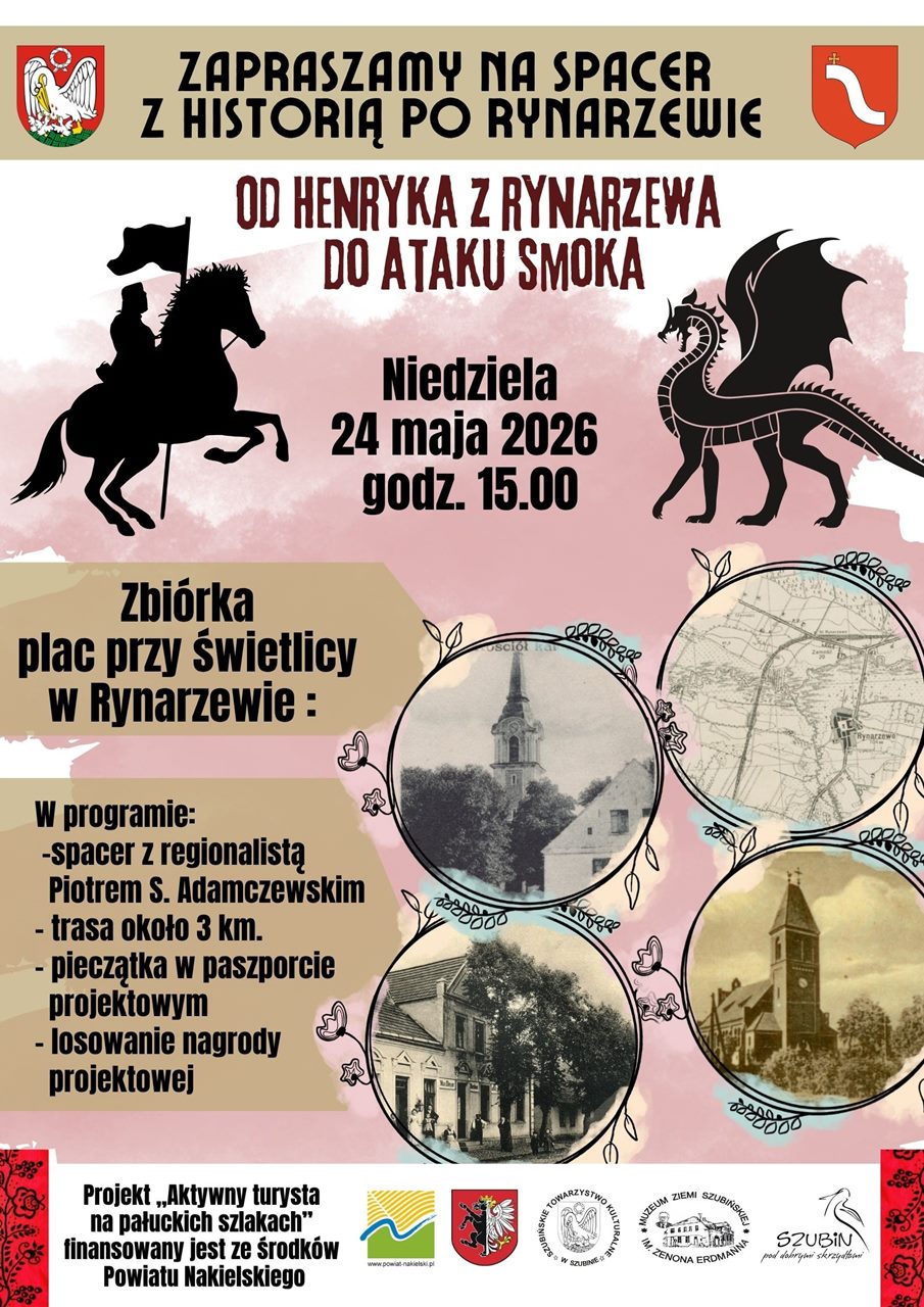 Plakat informacyjny, na którym jest smok, jeździec na koniu, fragmenty zabudowań na starych widokówkach.