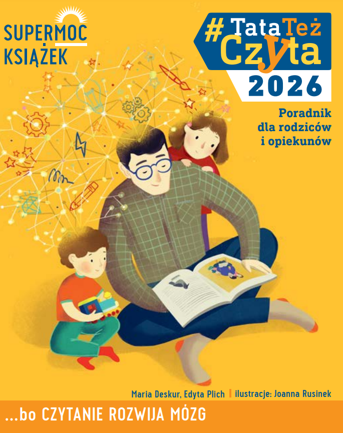  Okładka poradnika kampanii Tata też czyta z tatą czytającym dwojgu dzieciom.