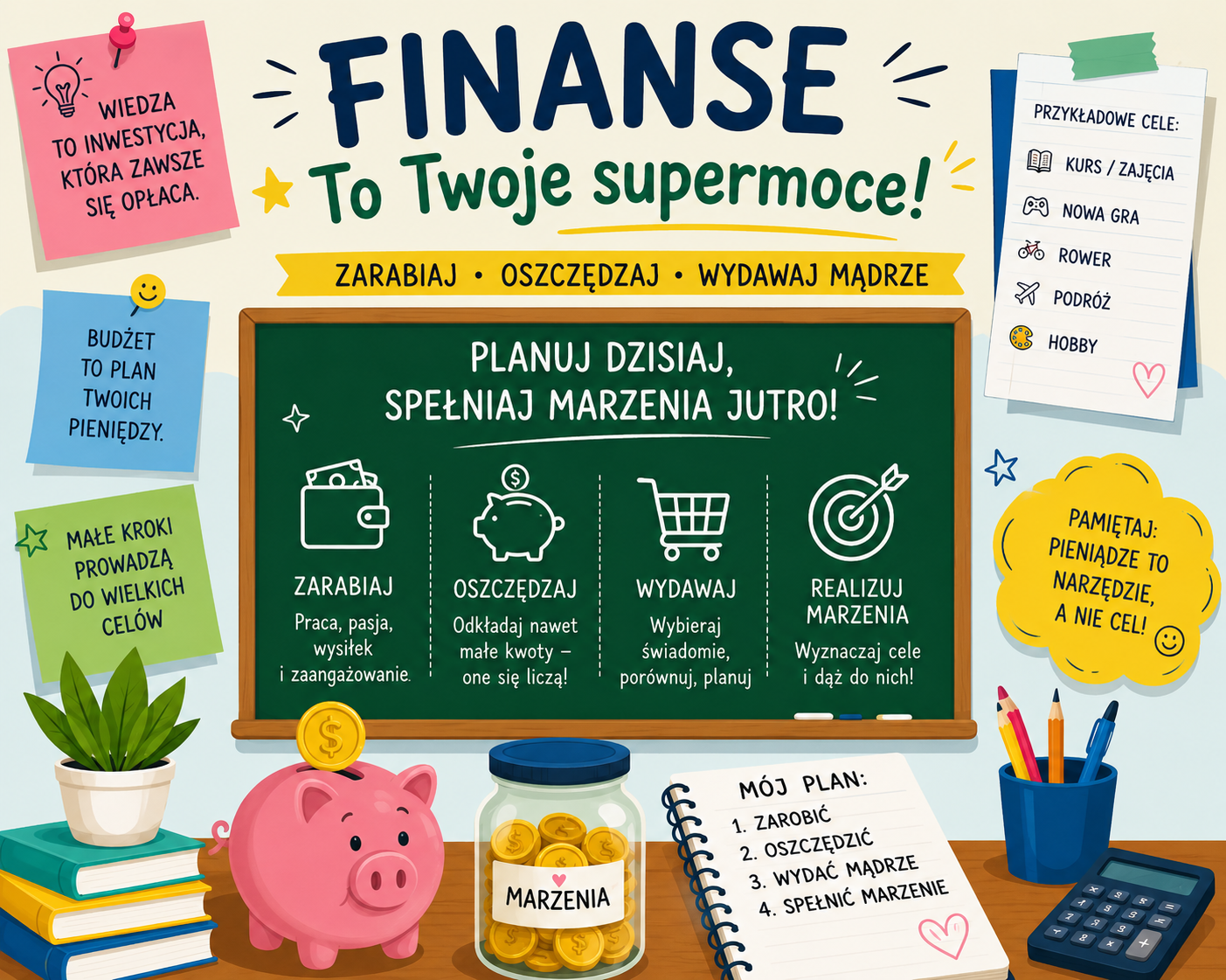 Kolorowa grafika nawiązująca do edukacji finansowej.