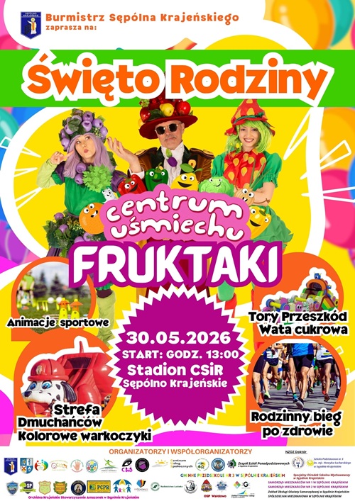 Kolorowy plakat z obrazkami, zdjęciami i informacjami o wydarzeniu.