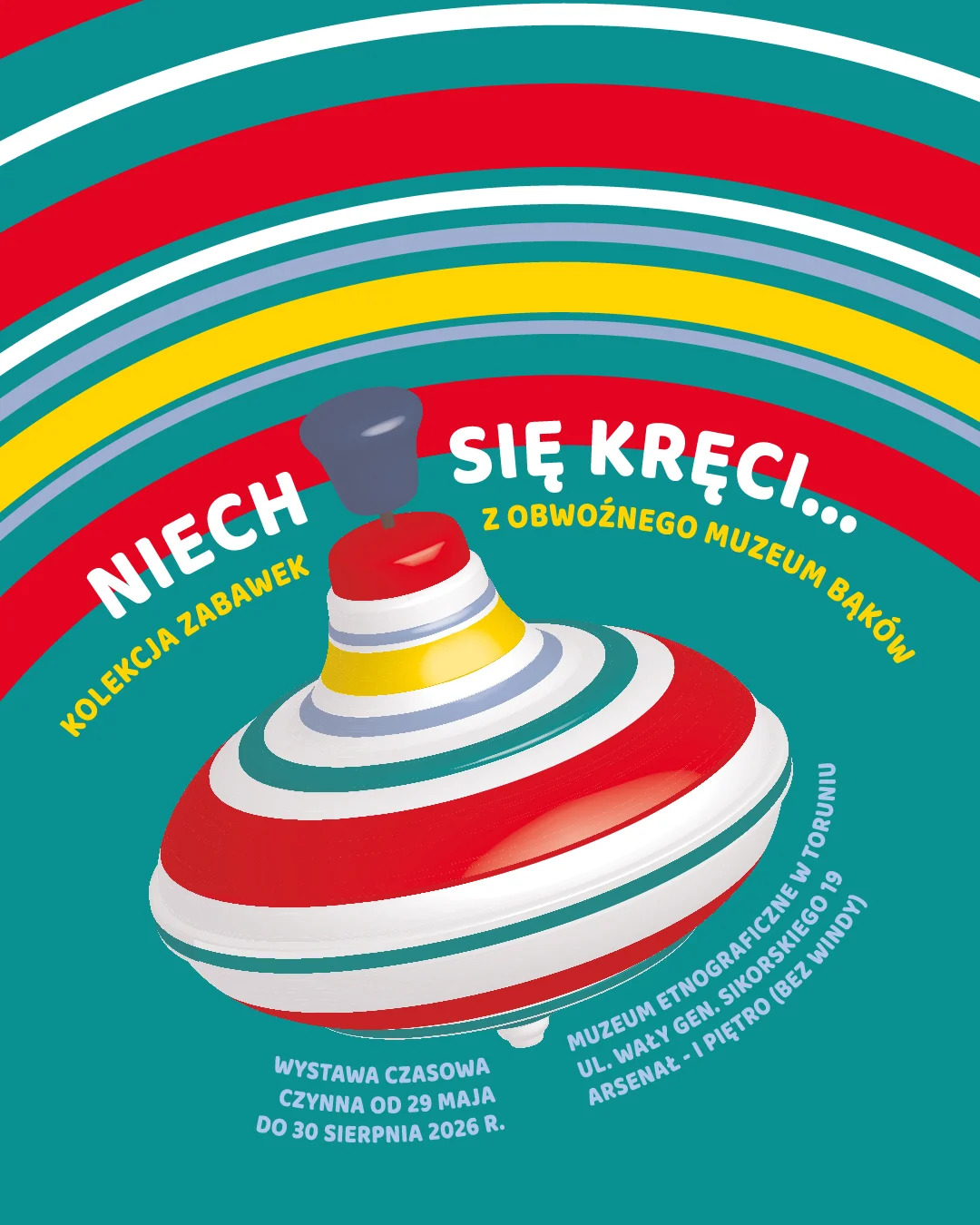 Kolorowy, kręcący się bączek oraz informacje o wystawie.