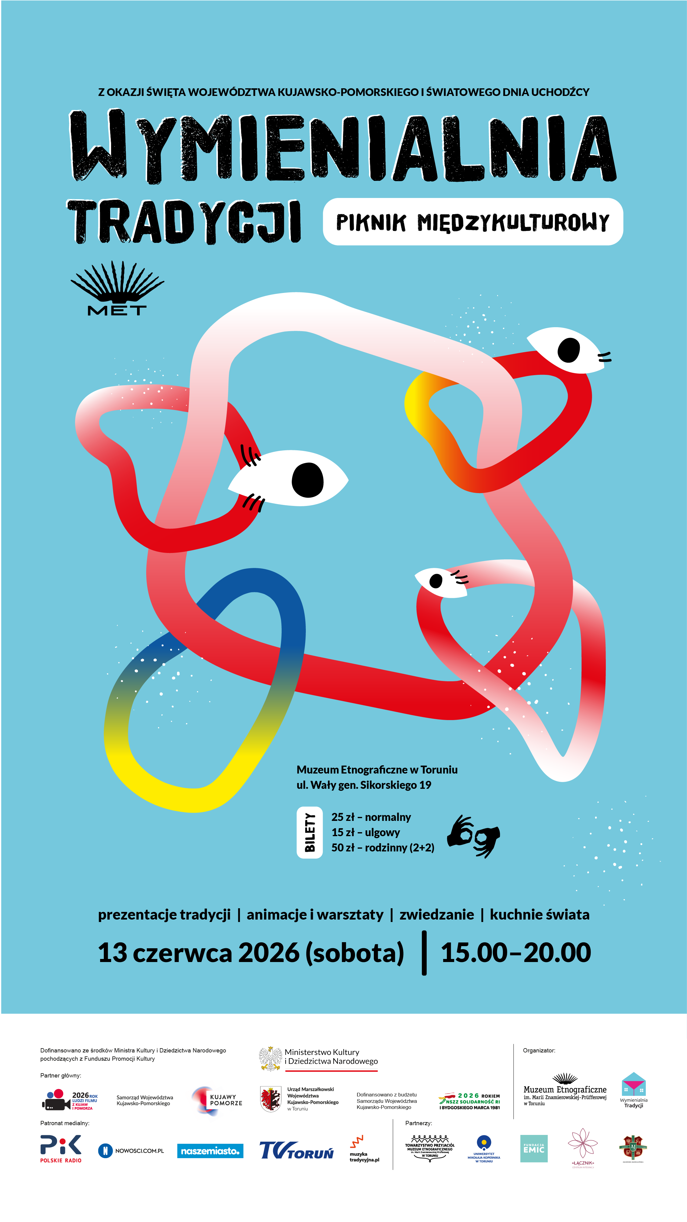 Kolorowy plakat z napisem Wymienialnia tradycji i informacjami o wydarzeniu.