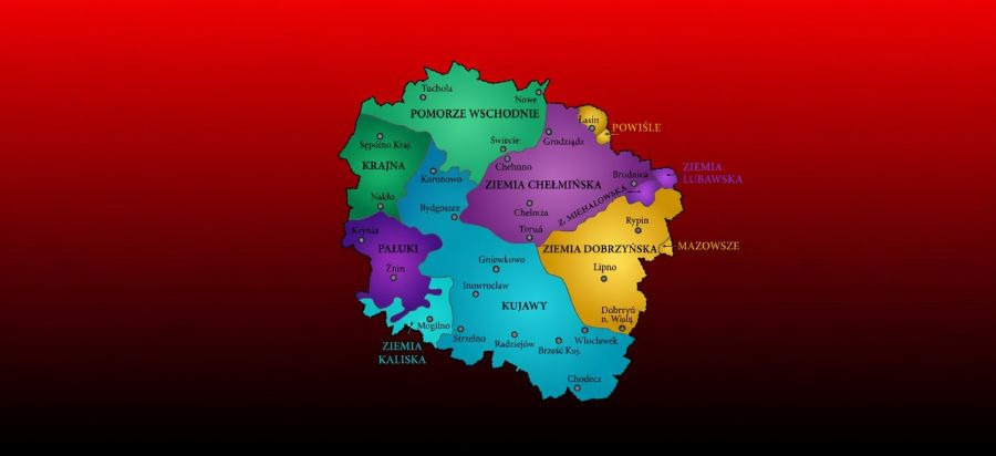 Mapa woj. kujawsko-pomorskiego z zaznaczonymi podregionami etnograficznymi.
