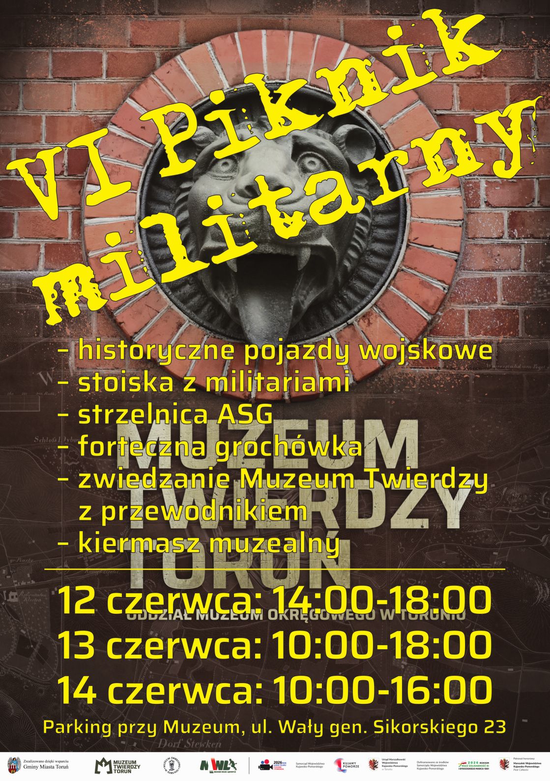 Plakat z tłem z czerwonych cegieł, z informacjami o wydarzeniu.