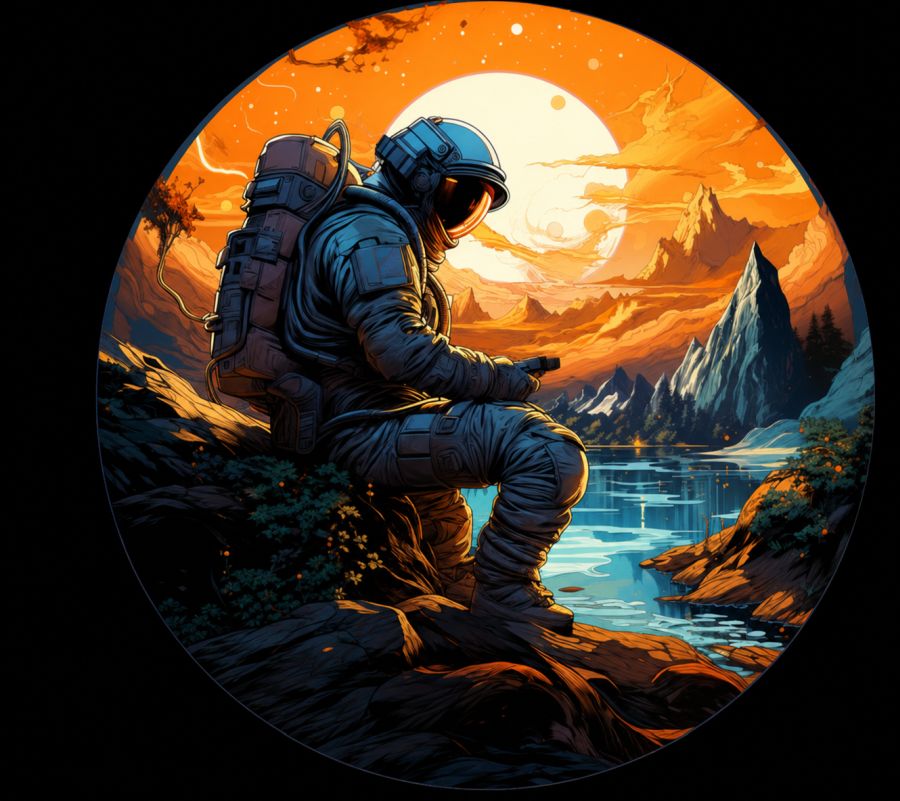 Astronauta w kombinezonie na tle krajobrazu innej planety.