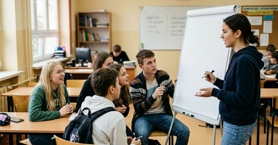 Młodzież w klasie pracuje w grupach nad projektem.