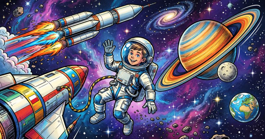 Chłopiec w kombinezonie astronauty i rakieta w kosmosie.