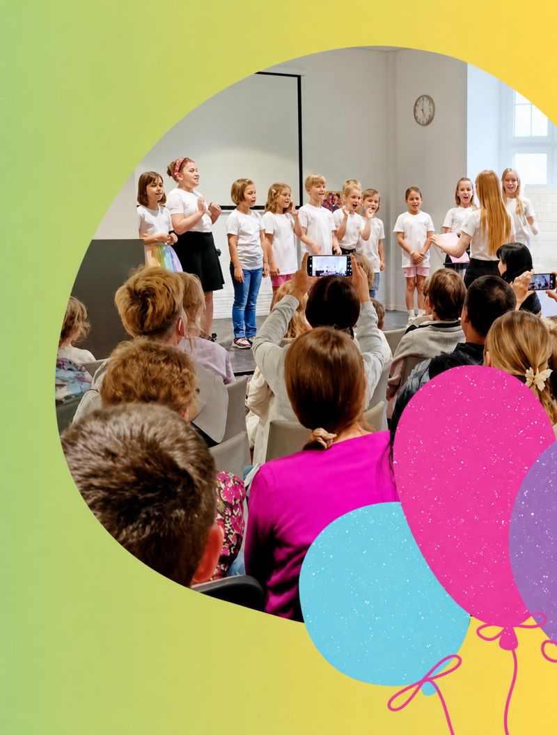 Grupa dzieci występuje przed dorosłą widownią.