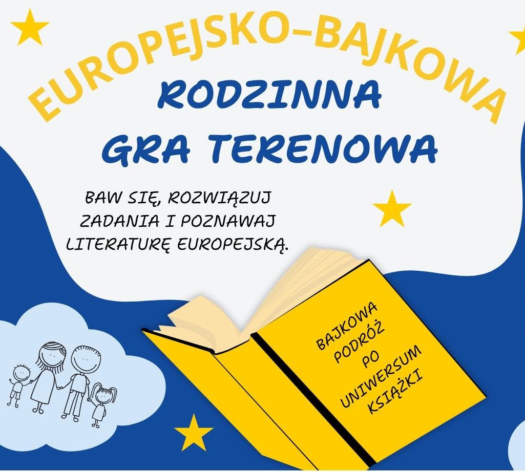 Otwarta książka, rysunek rodziny oraz nazwa wydarzenia.