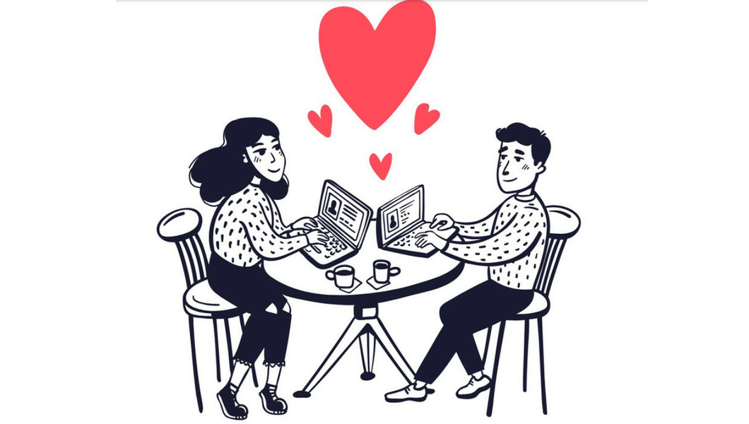 Kobieta i mężczyzna siedzą z laptopami przy stoliku. Wokół unoszą się serduszka.