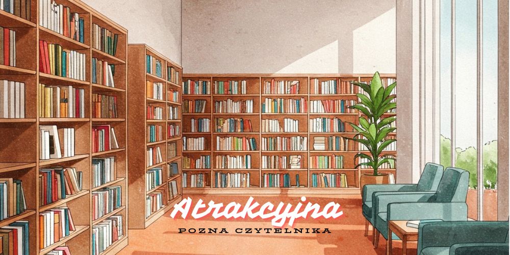 Wnętrze biblioteki z regałami i fotelami. Napis: atrakcyjna pozna czytelnika.