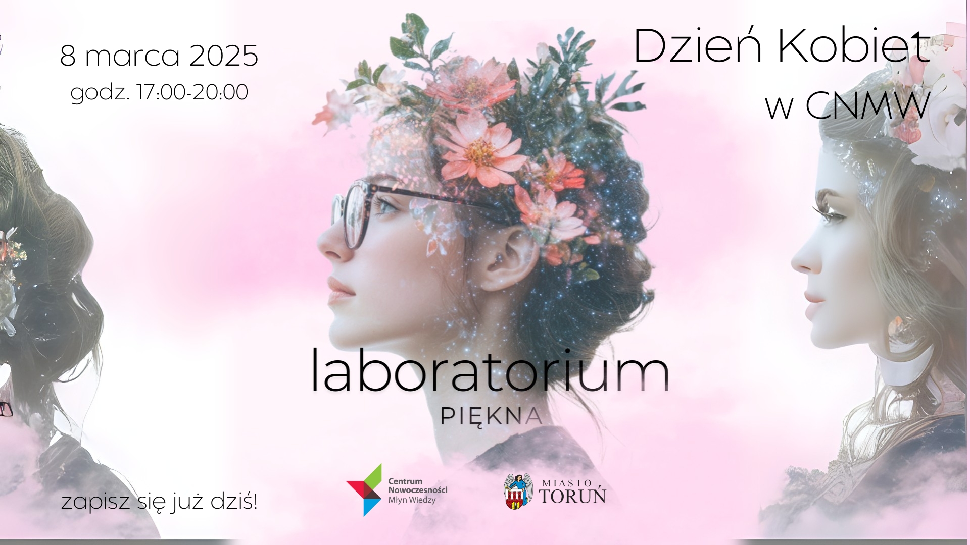 Plakat promujący Laboratorium Piękna na Dzień Kobiet w Młynie Wiedzy.