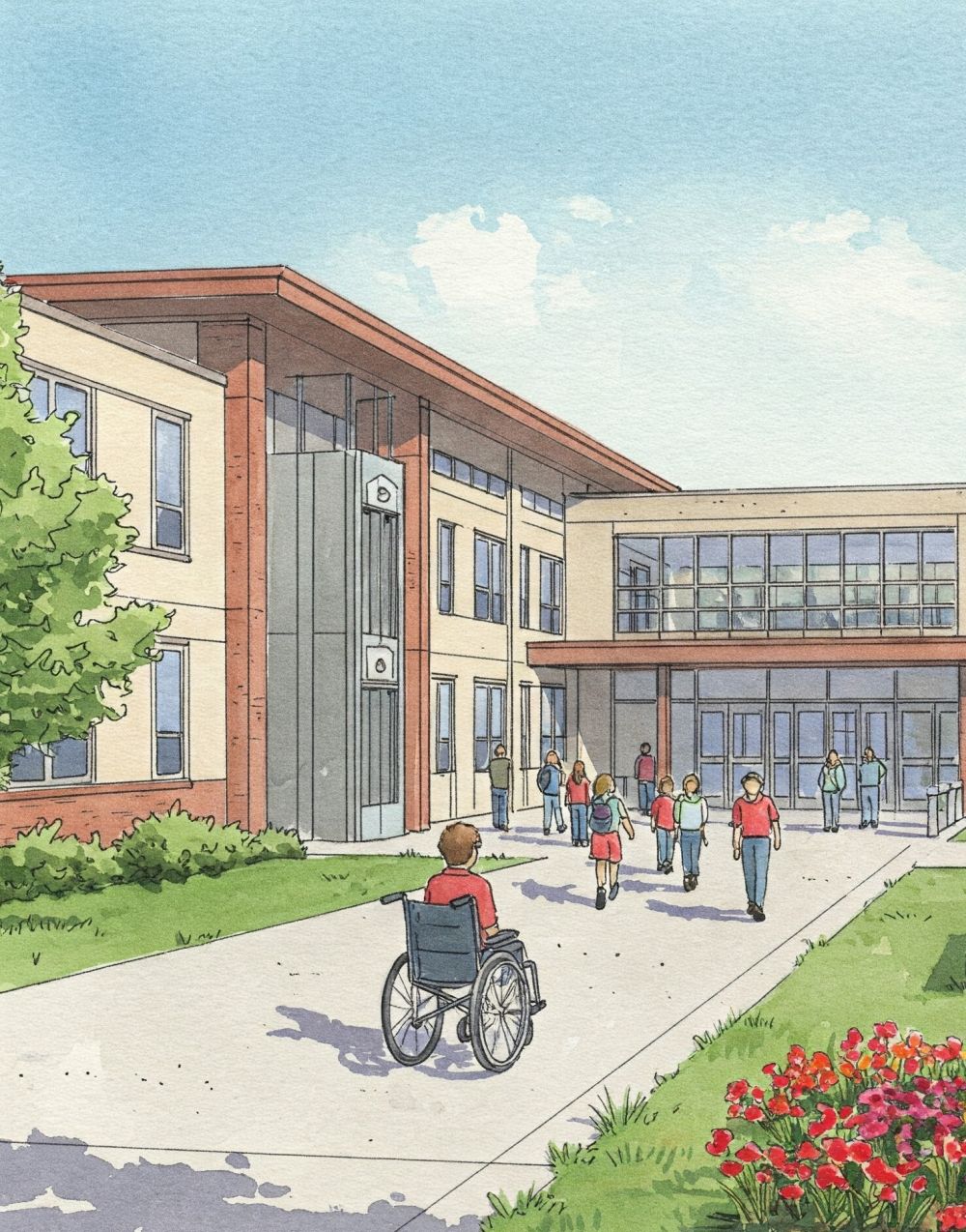 Budynek szkoły i uczniowie, w tym na wózku inwalidzkim.