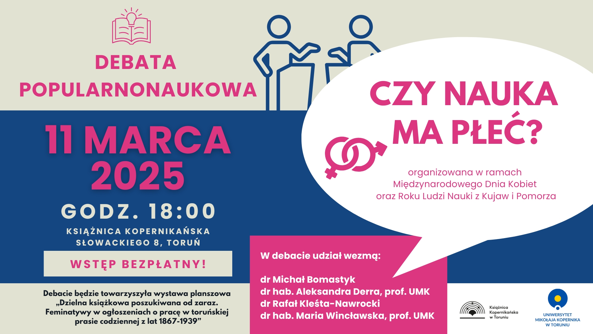 Plakat w kolorystyce niebiesko-różowej promujący wydarzenie, z motywem osób na mównicy i symboli określających płeć.