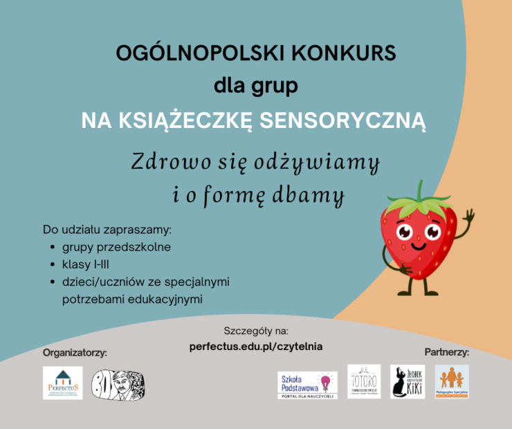 Grafika promująca konkurs z podstawowymi informacjami, z motywem uśmiechniętej truskawki i logotypami organizatorów.