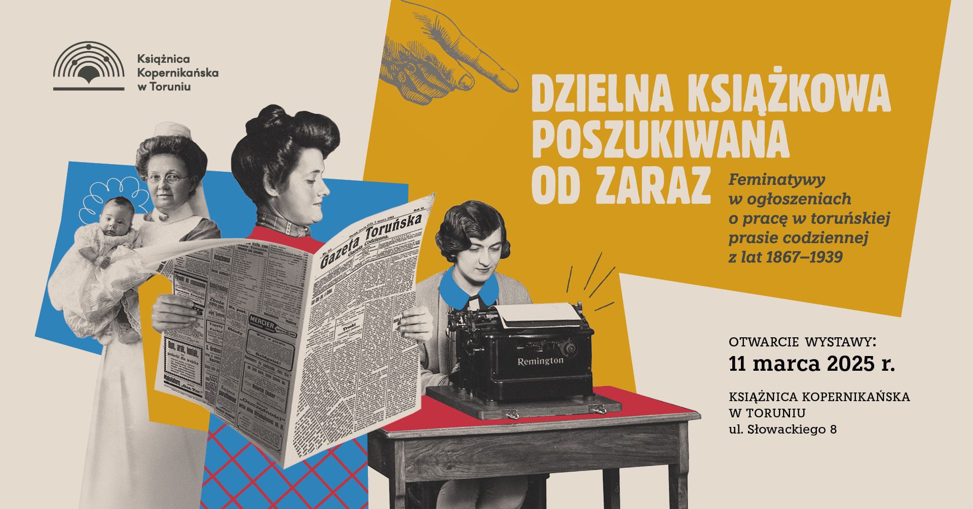 Trzy kobiety, jedna czyta Gazetę Toruńską, druga siedzi przy stole i pisze na maszynie, trzecia trzyma na rękach niemowlę.