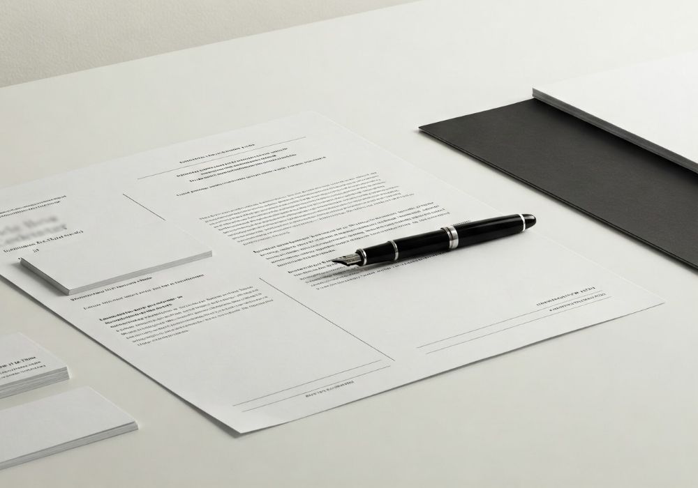 Biurko z dokumentami i piórem wiecznym.