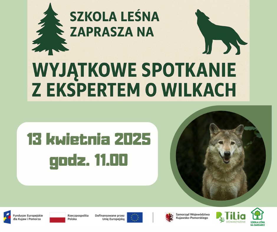 Plakat promujący spotkanie z ekspertem o wilkach.