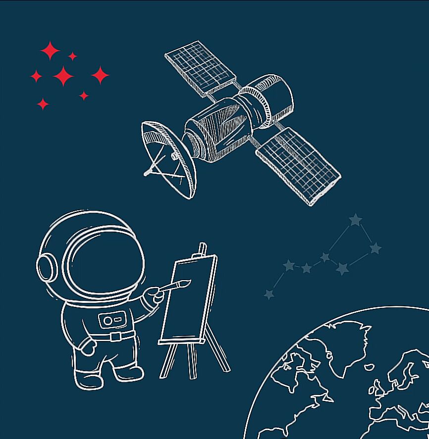 Astronauta z pędzlem przy sztalugach. Obok sztuczny satelita i kula ziemska.