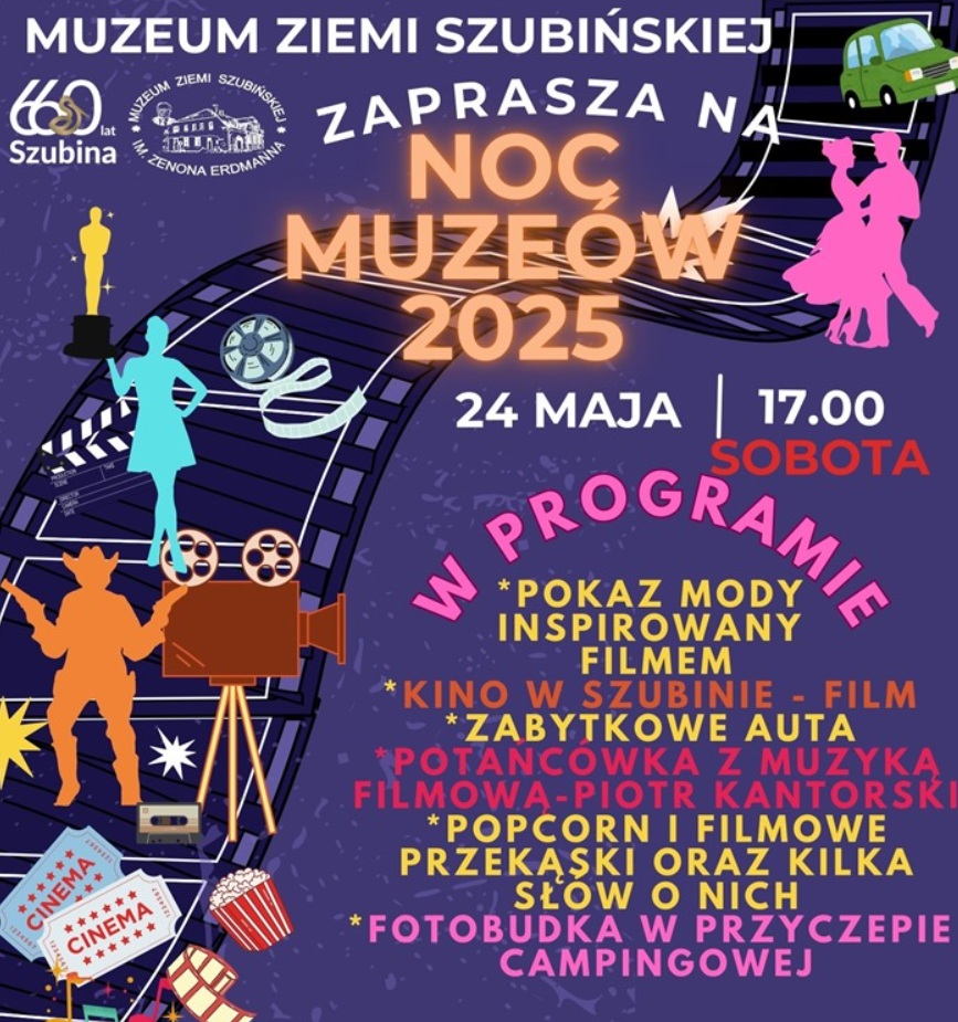 Kolorowy plakat z tańczącymi postaciami, kamerą, kliszą filmową i informacjami o Nocy muzeów.
