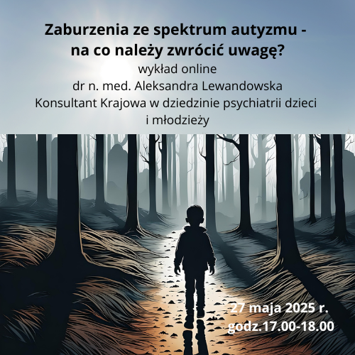 Grafika promująca wykład z motywem chłopca idącego leśną drogą.