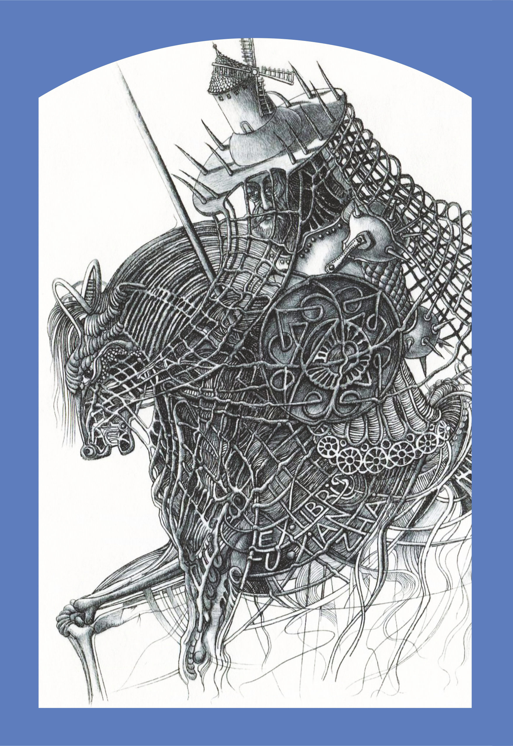 Praca graficzna - ekslibris przedstawiający jeźdźca na koniu.