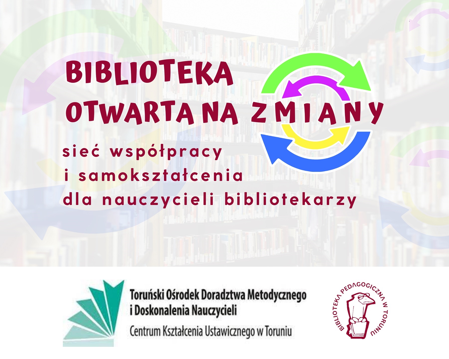 Grafika wydarzenia z motywem półek z książkami oraz strzałek i logotypami organizatorów.