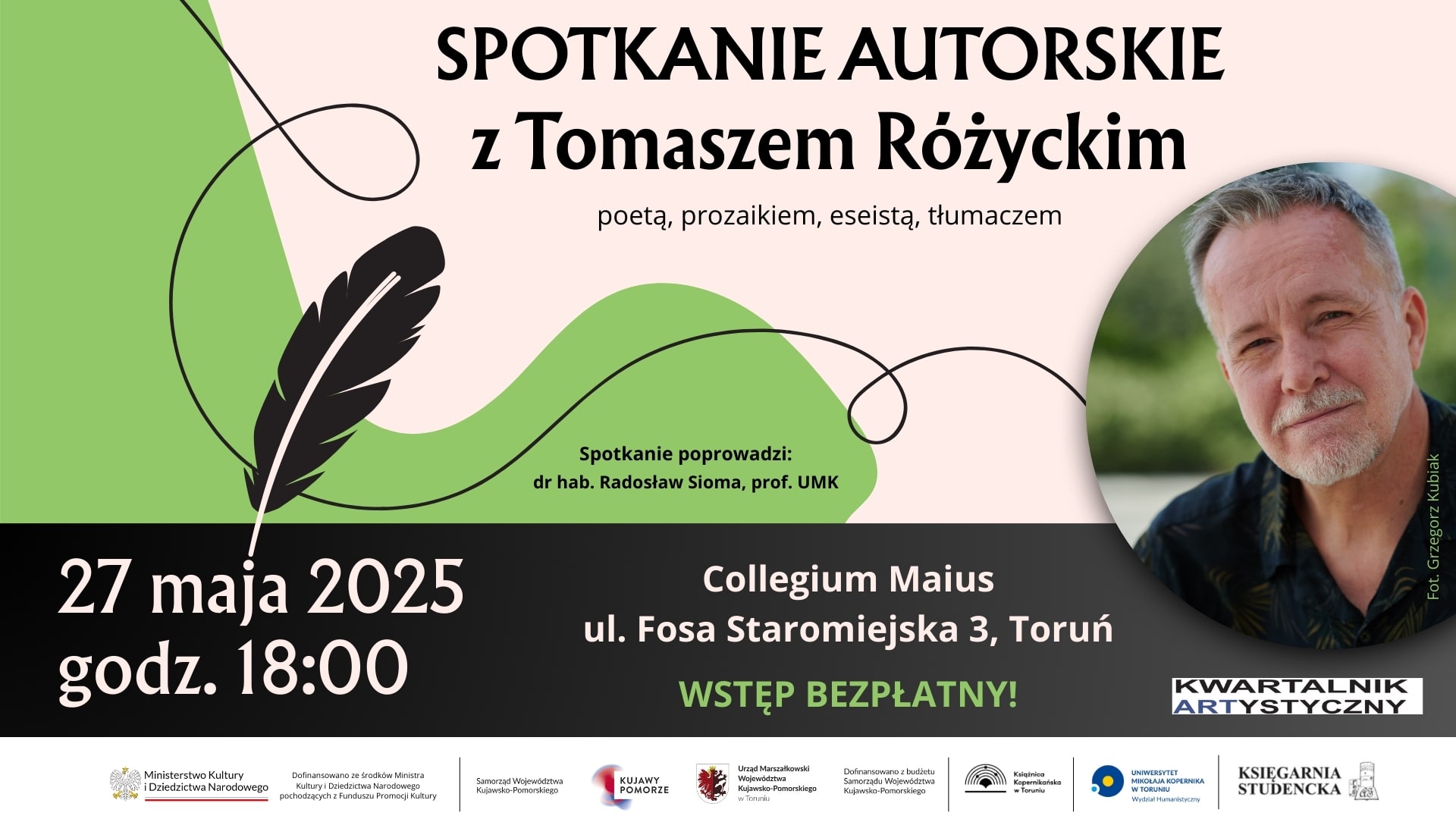 Plakat promujący spotkanie z Tomaszem Różyckim w Książnicy Kopernikańskiej
