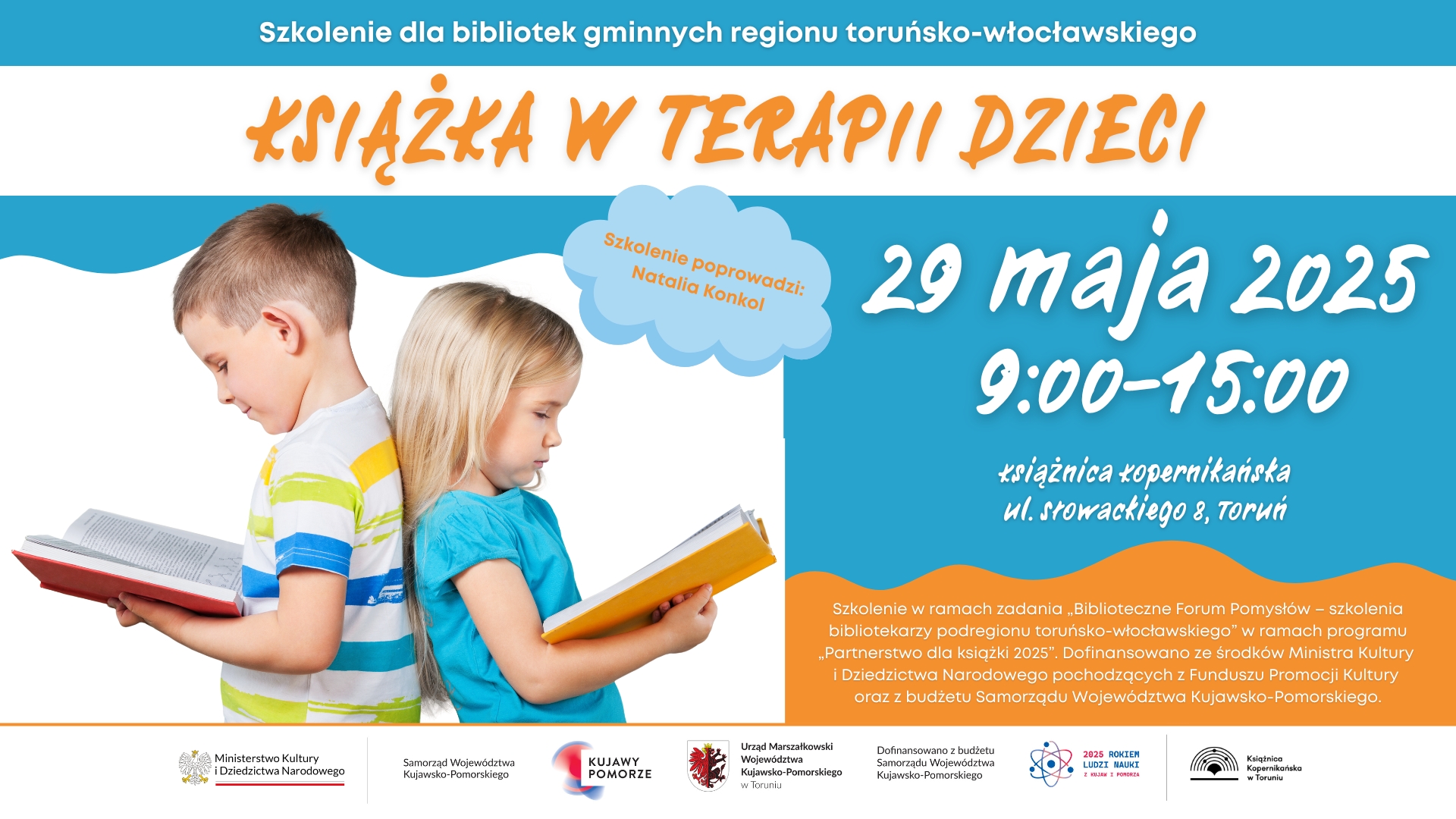 Plakat promujący szkolenie Książka w terapii dzieci.